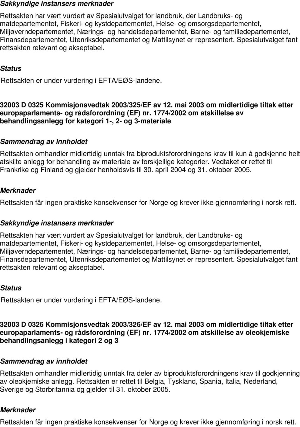 mai 2003 om midlertidige tiltak etter europaparlaments- og rådsforordning (EF) nr.