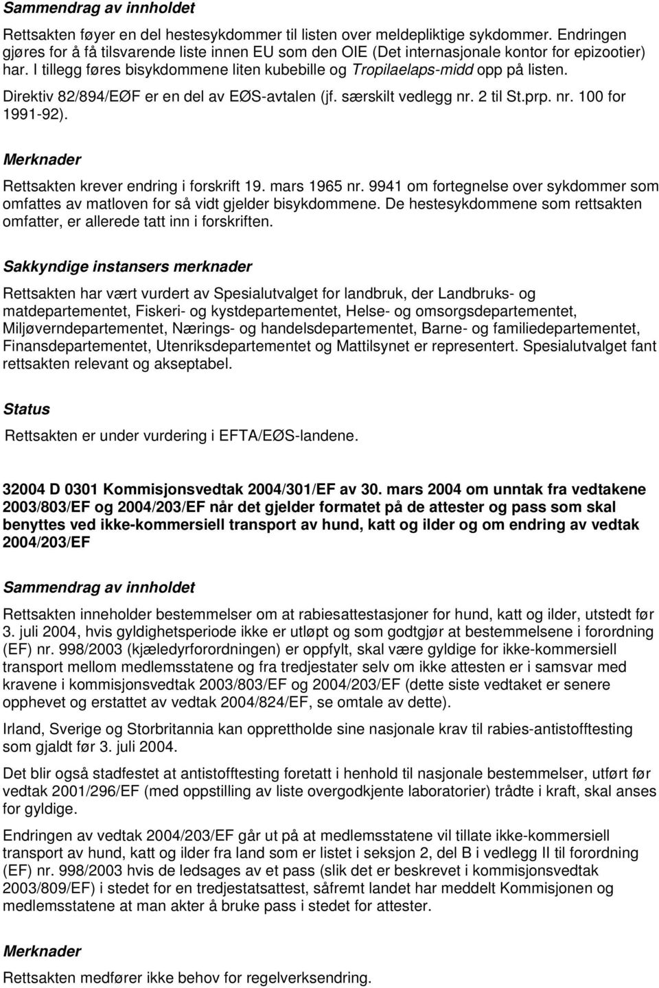 Rettsakten krever endring i forskrift 19. mars 1965 nr. 9941 om fortegnelse over sykdommer som omfattes av matloven for så vidt gjelder bisykdommene.