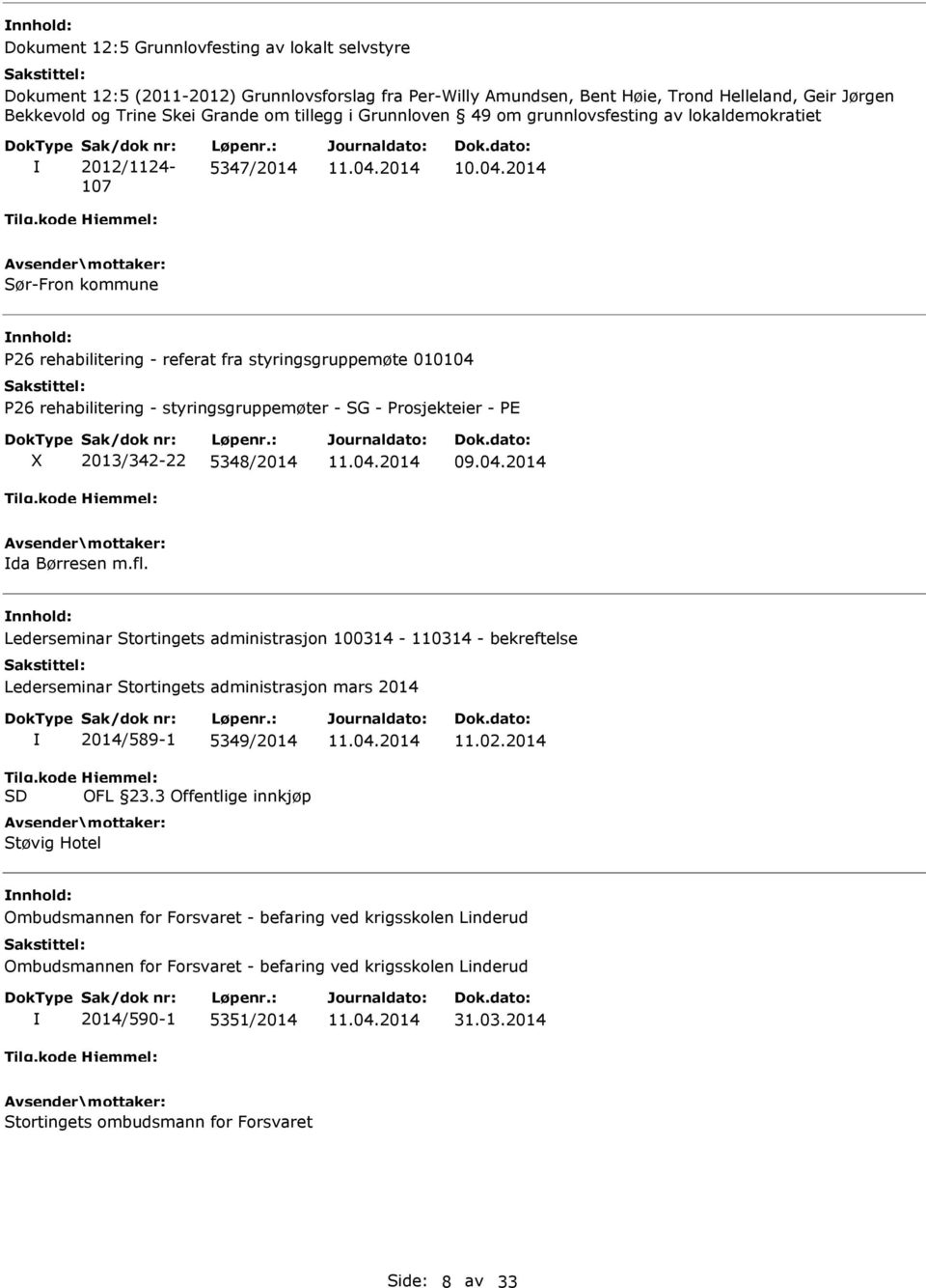 : 5347/2014 Sør-Fron kommune P26 rehabilitering - referat fra styringsgruppemøte 010104 P26 rehabilitering - styringsgruppemøter - SG - Prosjekteier - PE X 2013/342-22 5348/2014 09.04.2014 da Børresen m.