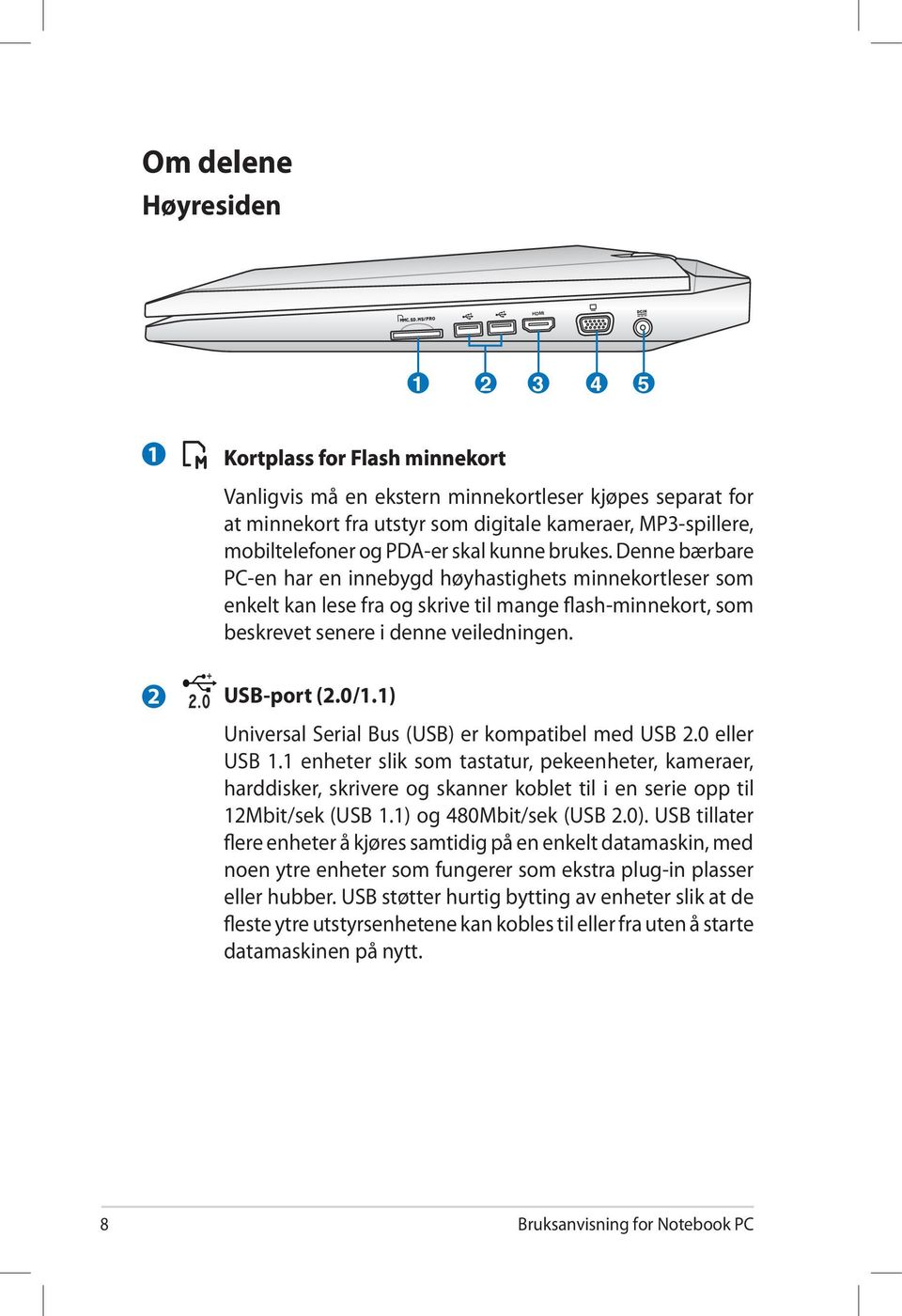 Denne bærbare PC-en har en innebygd høyhastighets minnekortleser som enkelt kan lese fra og skrive til mange flash-minnekort, som beskrevet senere i denne veiledningen. USB-port (2.0/1.