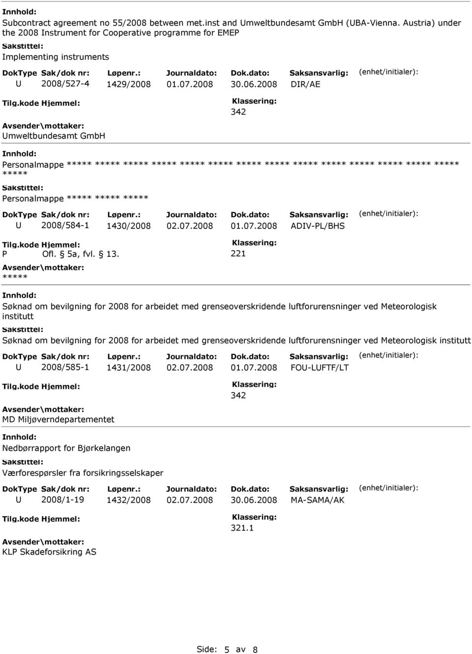 1430/2008 ADV-PL/BHS P 221 Søknad om bevilgning for 2008 for arbeidet med grenseoverskridende luftforurensninger ved Meteorologisk institutt Søknad om bevilgning for 2008 for