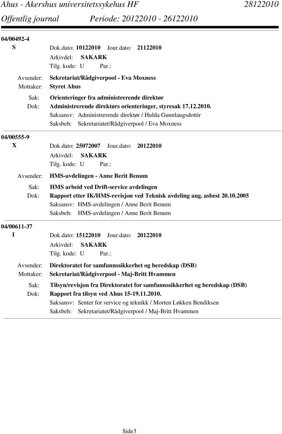 dato: 20122010 HMS-avdelingen - Anne Berit Benum HMS arbeid ved Drift-service avdelingen Rapport etter IK/HMS-revisjon ved Teknisk avdeling ang. asbest 20.10.2005 Saksansv: HMS-avdelingen / Anne Berit Benum Saksbeh: HMS-avdelingen / Anne Berit Benum 04/00611-37 I Dok.