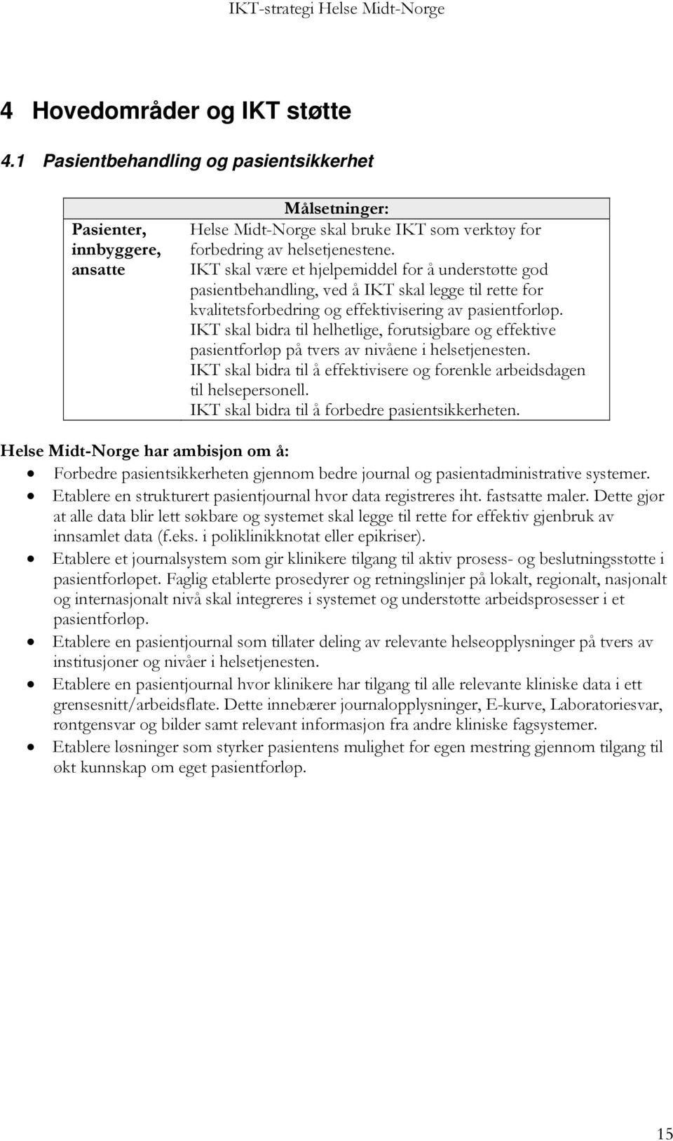 IKT skal bidra til helhetlige, forutsigbare og effektive pasientforløp på tvers av nivåene i helsetjenesten. IKT skal bidra til å effektivisere og forenkle arbeidsdagen til helsepersonell.