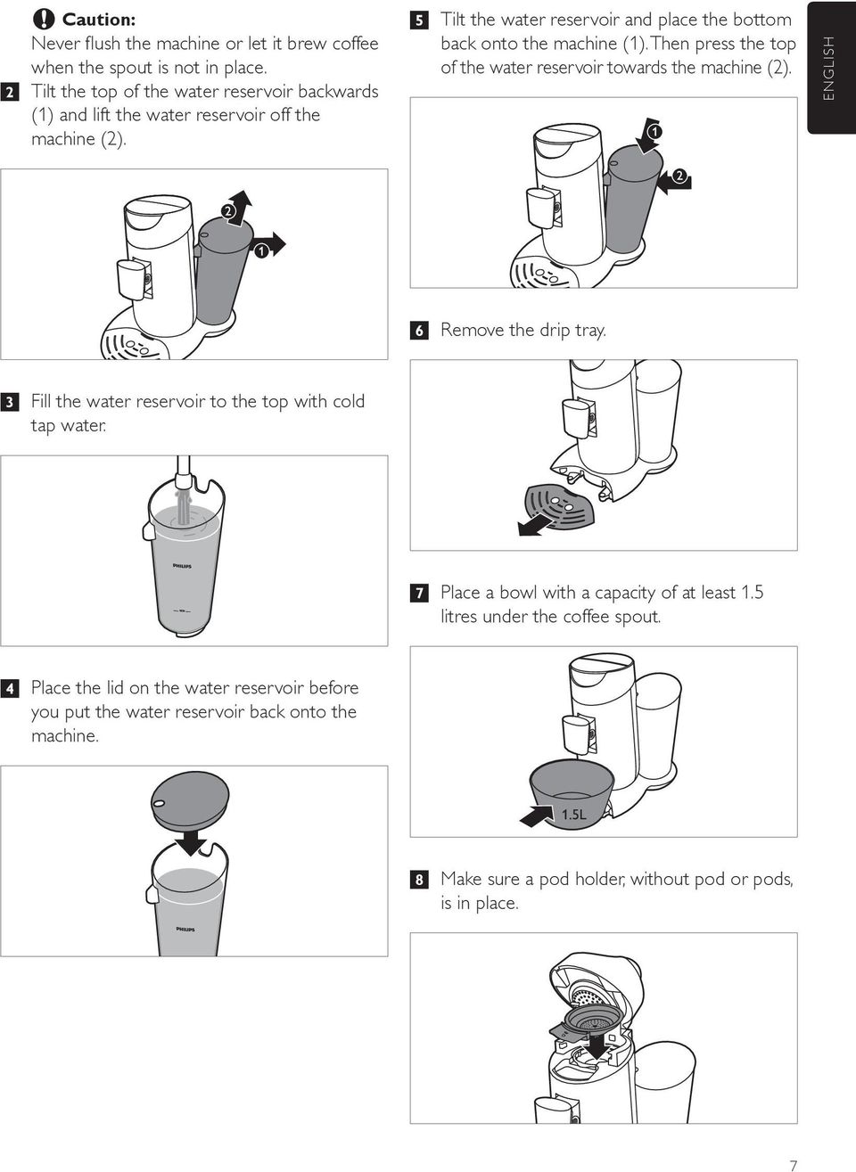 5 Tilt the water reservoir and place the bottom back onto the machine (1). Then press the top of the water reservoir towards the machine (2).