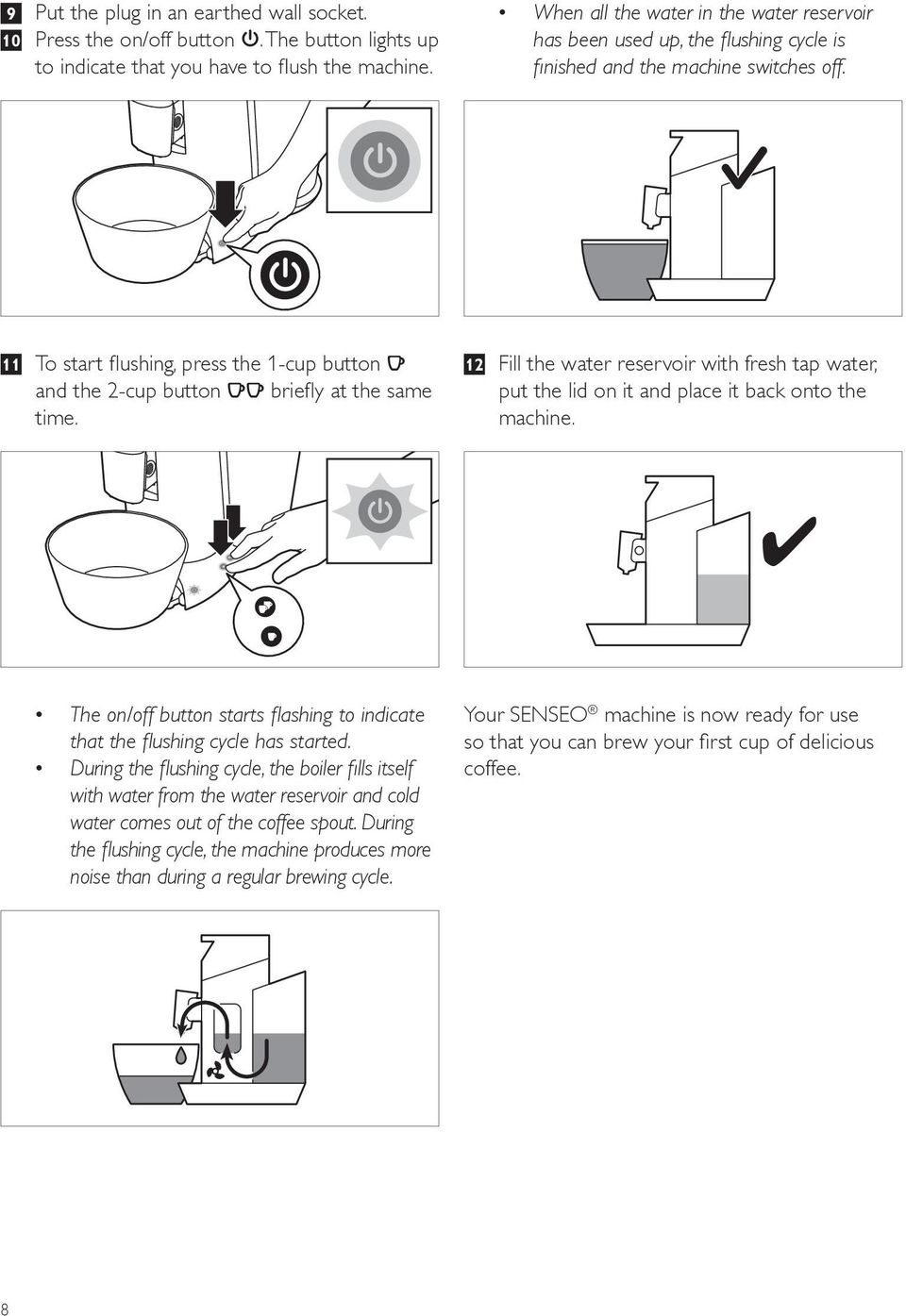 11 To start flushing, press the 1-cup button q and the 2-cup button qq briefly at the same time. 12 Fill the water reservoir with fresh tap water, put the lid on it and place it back onto the machine.