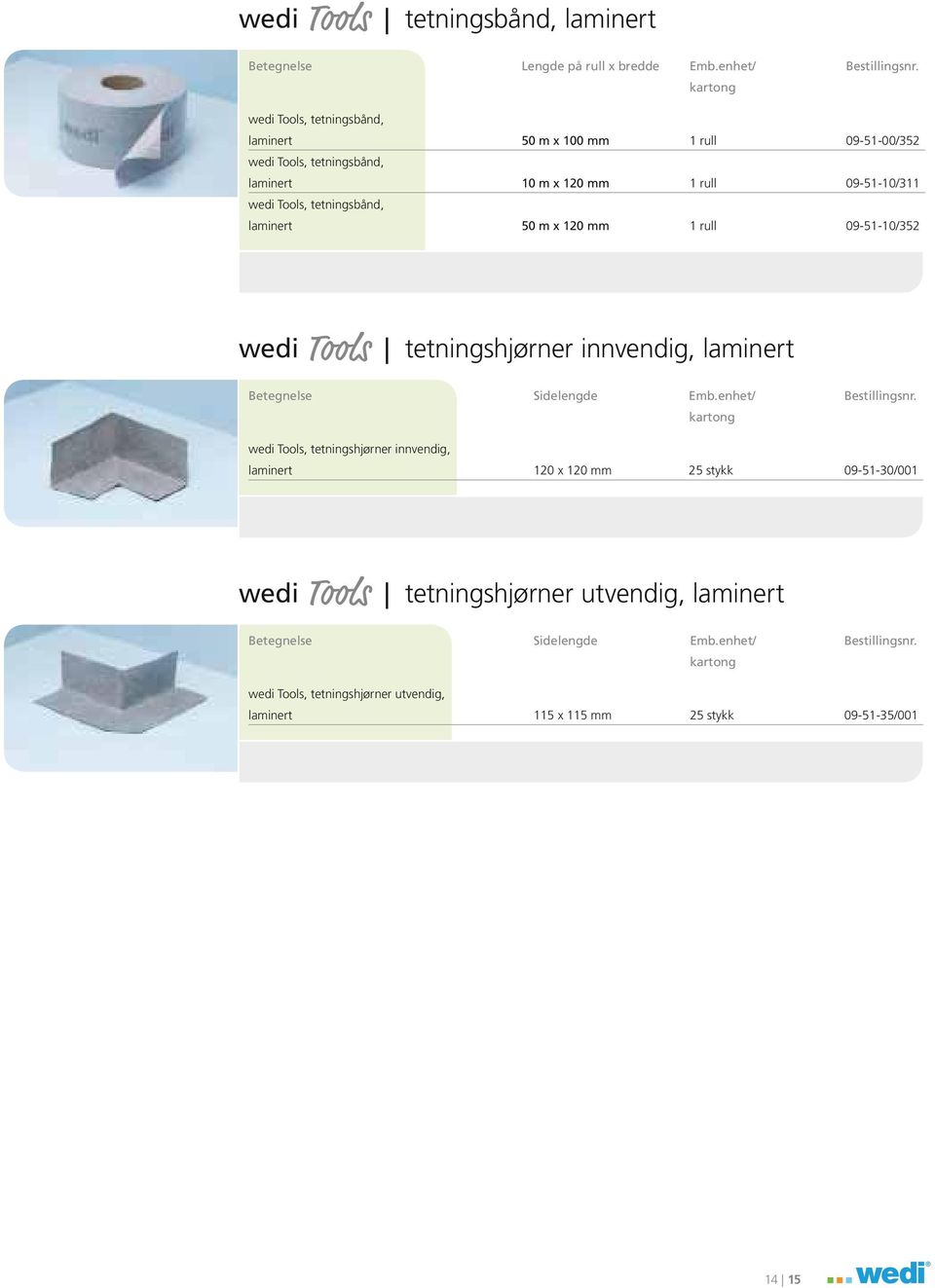 Tools, tetningsbånd, laminert m x 1 mm 1 rull 09-51-10/352 wedi Tools tetningshjørner innvendig, laminert Betegnelse Sidelengde Emb.