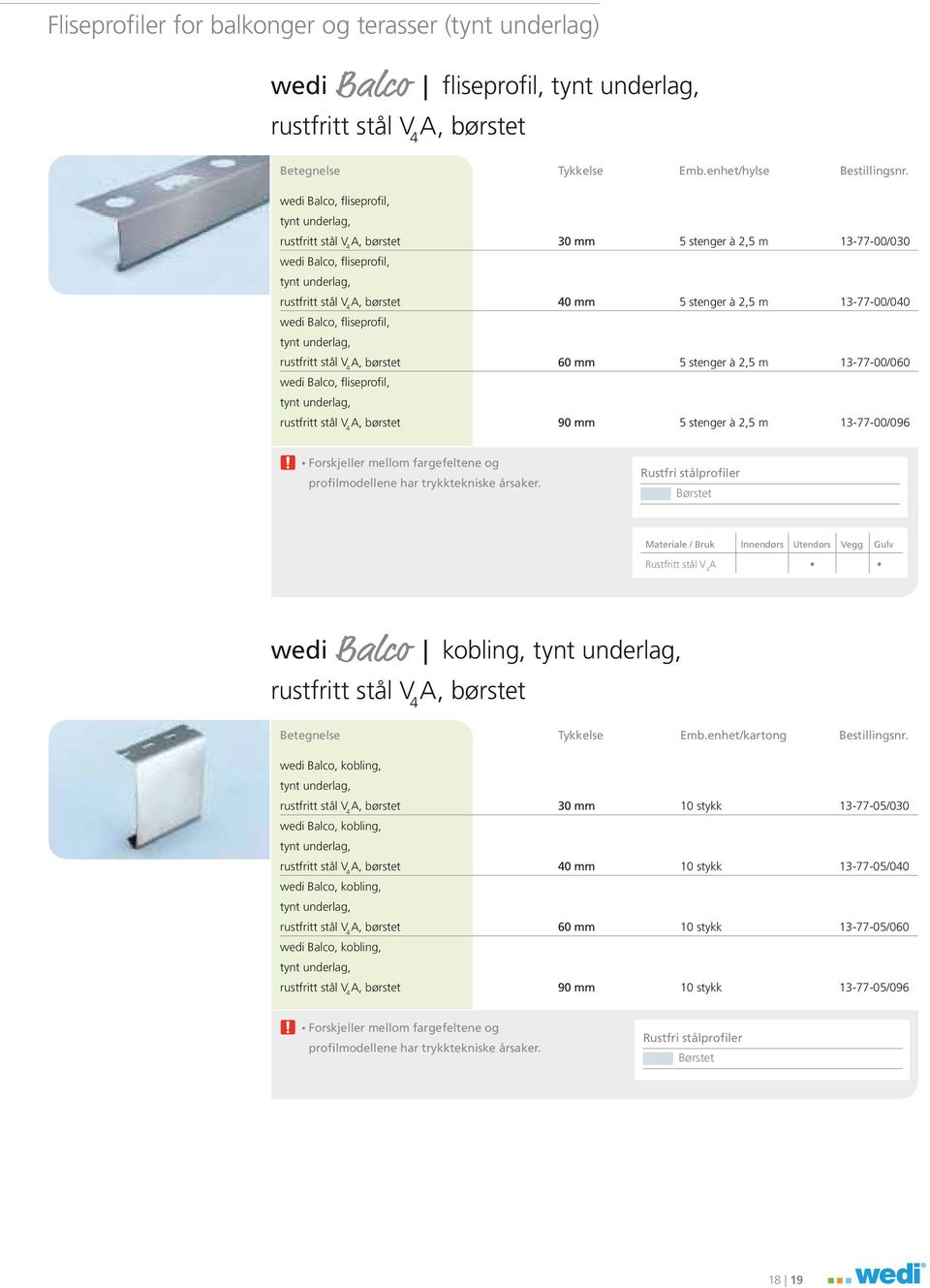 stenger à 2,5 m 13-77-00/040 wedi Balco, fliseprofil, tynt underlag, rustfritt stål V 4 A, børstet 60 mm 5 stenger à 2,5 m 13-77-00/060 wedi Balco, fliseprofil, tynt underlag, rustfritt stål V 4 A,