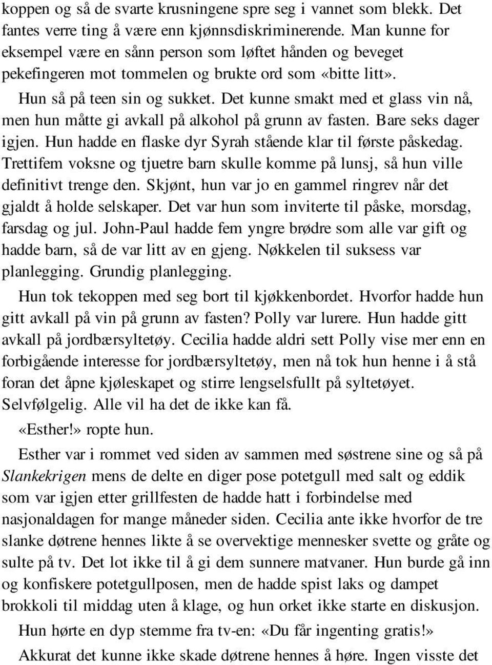 Det kunne smakt med et glass vin nå, men hun måtte gi avkall på alkohol på grunn av fasten. Bare seks dager igjen. Hun hadde en flaske dyr Syrah stående klar til første påskedag.