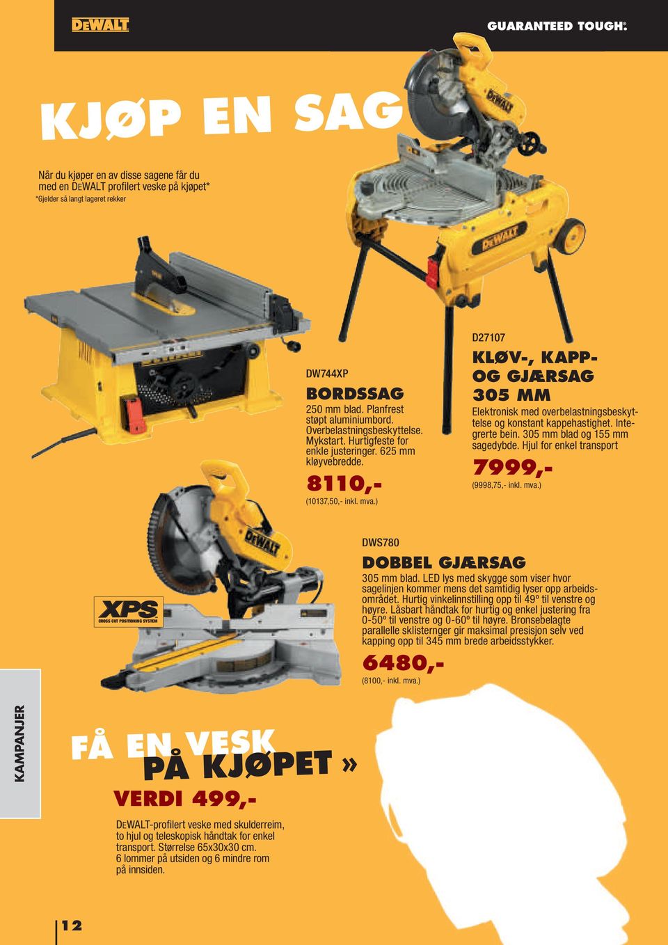 ) D27107 KLØV-, KAPP- OG GJÆRSAG 305 MM Elektronisk med overbelastningsbeskyttelse og konstant kappehastighet. Integrerte bein. 305 mm blad og 155 mm sagedybde.