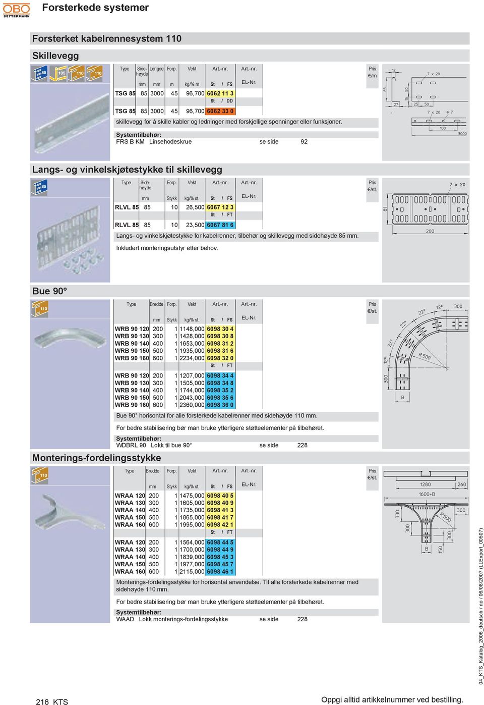 St FS 26,500 6067 12 3 RLVL 85 85 10 23,500 6067 81 6 / Langs- og vinkelskjøtestykke for kabelrenner, tilbehør og skillevegg med sidehøyde 85. Inkludert monteringsutstyr etter behov.