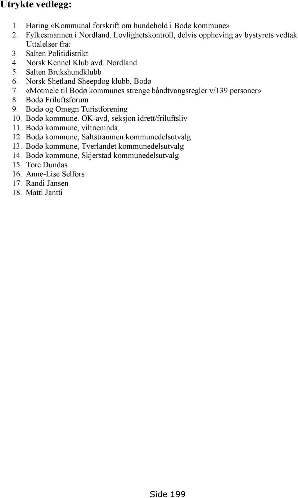 «Motmele til Bodø kommunes strenge båndtvangsregler v/139 personer» 8. Bodø Friluftsforum 9. Bodø og Omegn Turistforening 10. Bodø kommune. OK-avd, seksjon idrett/friluftsliv 11.