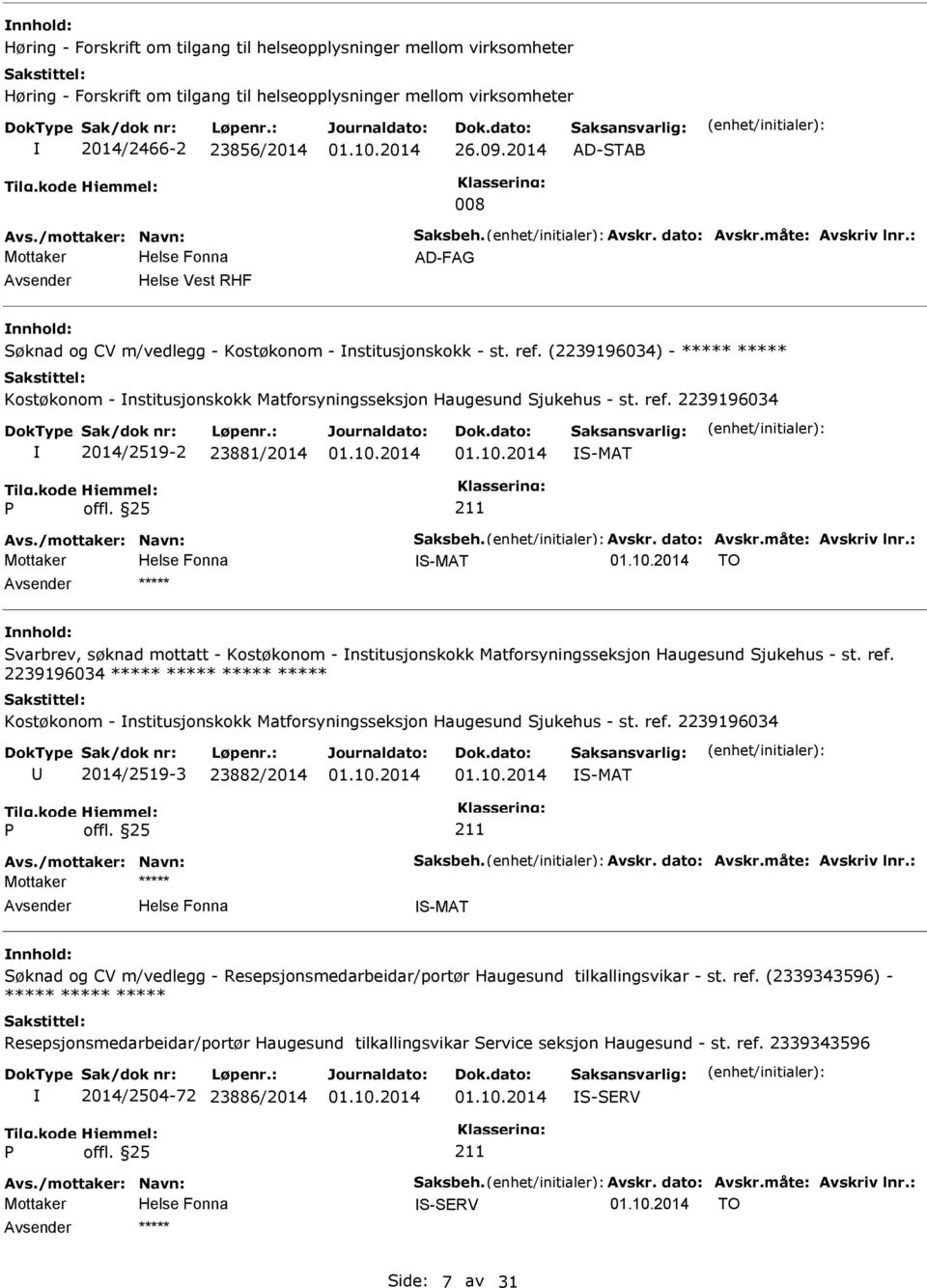 (2239196034) - ***** ***** Kostøkonom - nstitusjonskokk Matforsyningsseksjon Haugesund Sjukehus - st. ref. 2239196034 2014/2519-2 23881/2014 S-MAT Avs./mottaker: Navn: Saksbeh. Avskr. dato: Avskr.