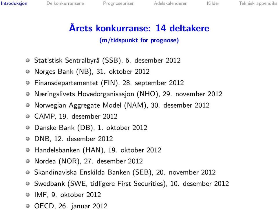 desember 2012 CAMP, 19. desember 2012 Danske Bank (DB), 1. oktober 2012 DNB, 12. desember 2012 Handelsbanken (HAN), 19. oktober 2012 Nordea (NOR), 27.