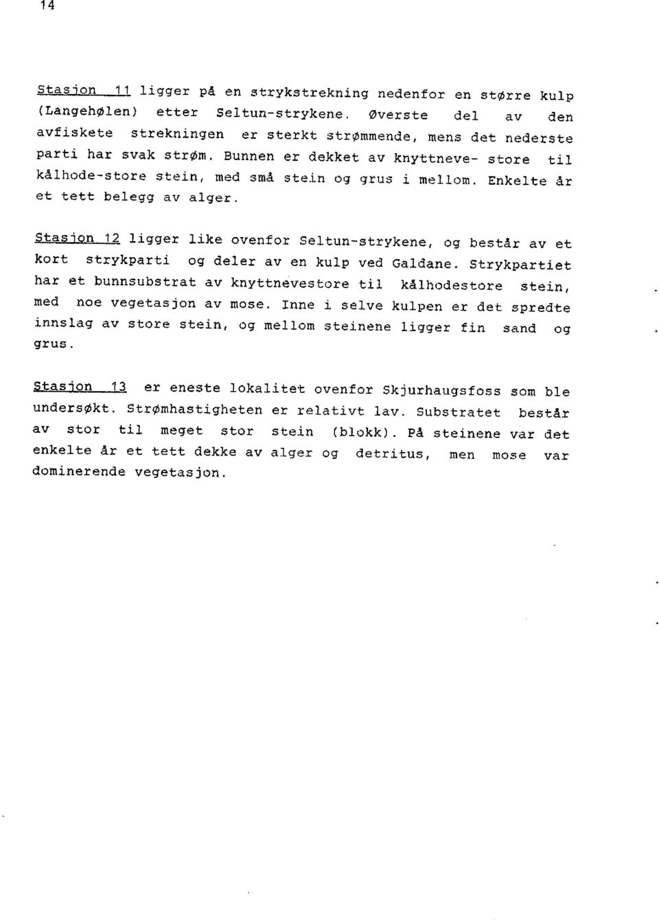 Enkelte år et tett belegg av alger. Stasjon 12 ligger like ovenfor Seltun-strykene, og består av et kort strykparti og deler av en kulp ved Galdane.