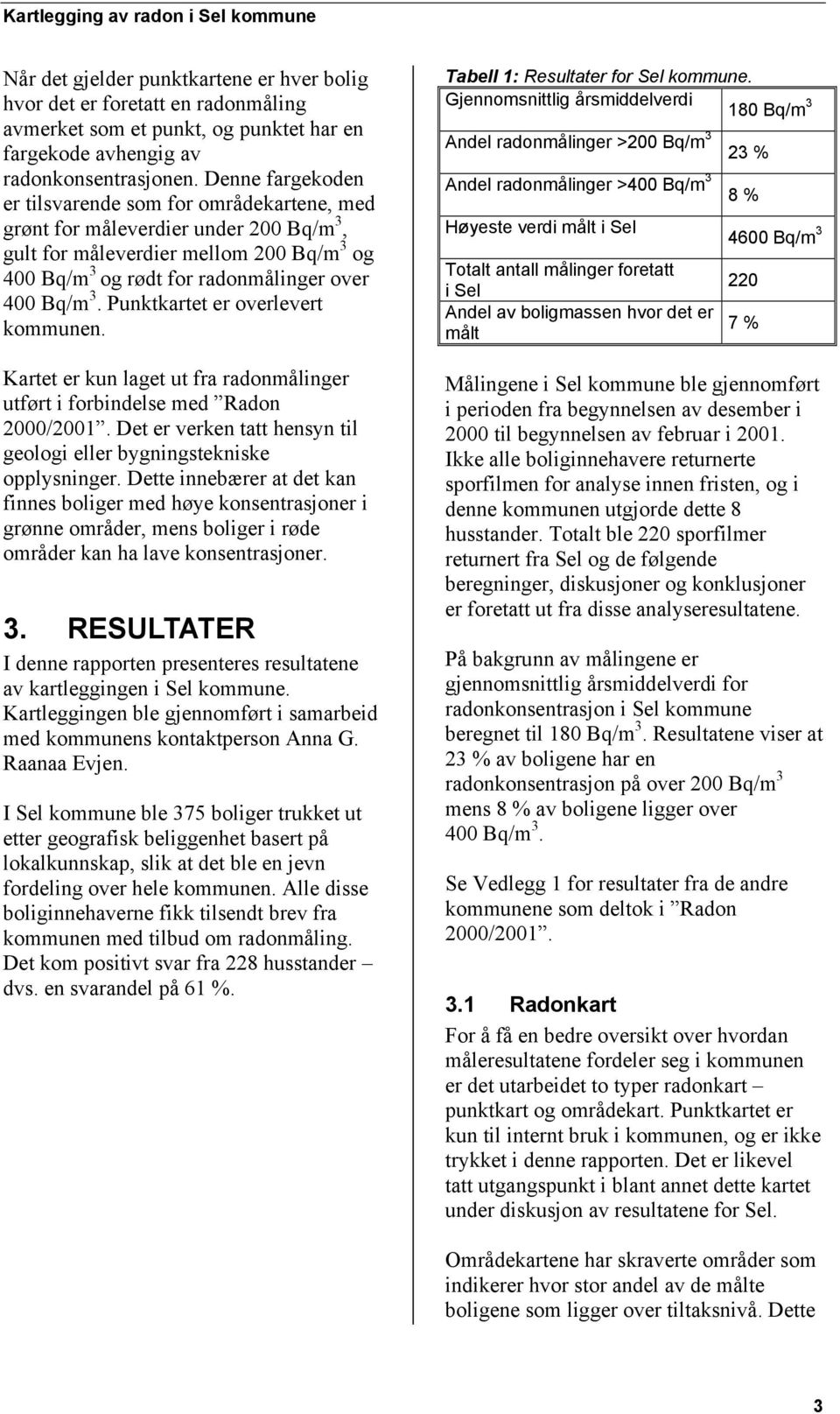 Punktkartet er overlevert kommunen. Kartet er kun laget ut fra radonmålinger utført i forbindelse med Radon 2000/2001. Det er verken tatt hensyn til geologi eller bygningstekniske opplysninger.