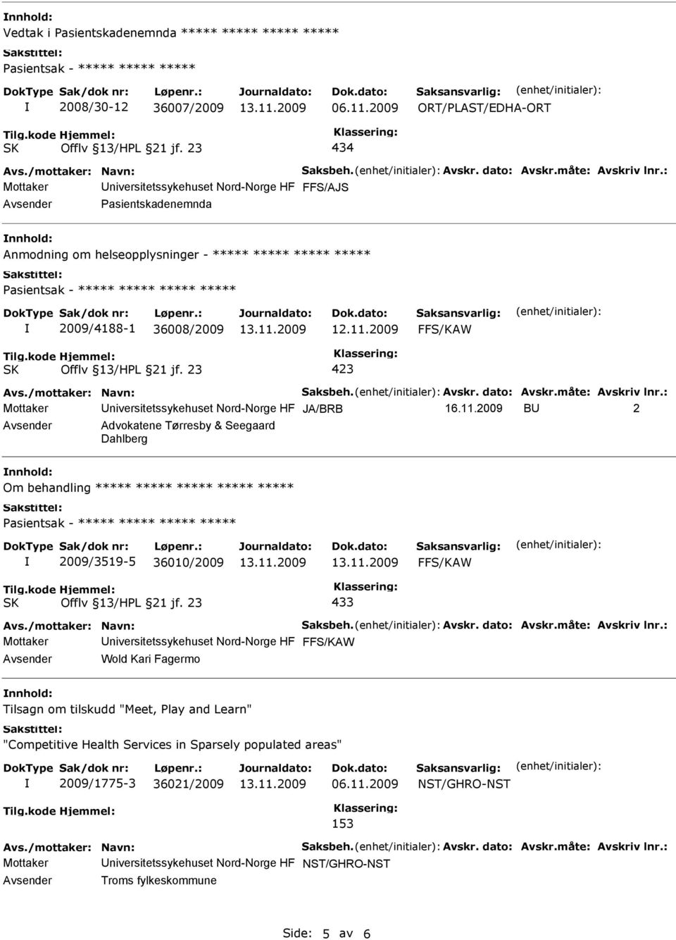 2009/4188-1 36008/2009 FFS/KAW 423 Mottaker niversitetssykehuset Nord-Norge HF JA/BRB 16.11.