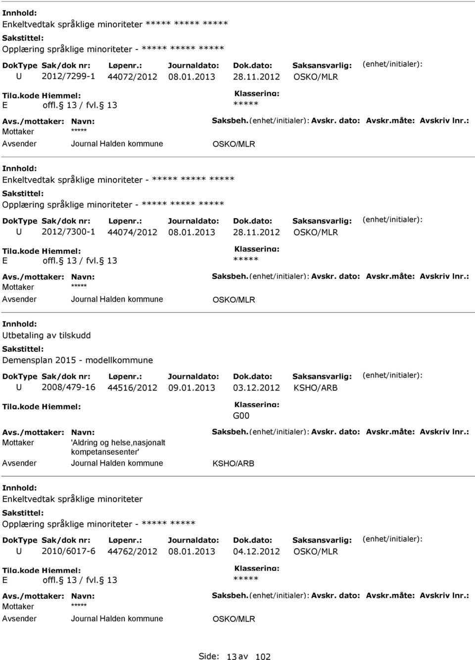 : OSKO/MLR tbetaling av tilskudd Demensplan 2015 - modellkommune 2008/479-16 44516/2012 03.12.2012 KSHO/ARB G00 Avs./mottaker: Navn: Saksbeh. Avskr. dato: Avskr.måte: Avskriv lnr.