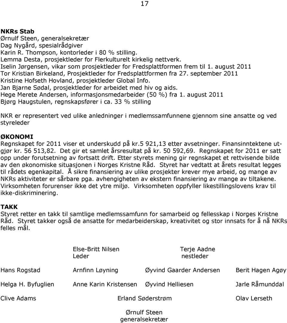 september 2011 Kristine Hofseth Hovland, prosjektleder Global Info. Jan Bjarne Sødal, prosjektleder for arbeidet med hiv og aids. Hege Merete Andersen, informasjonsmedarbeider (50 %) fra 1.