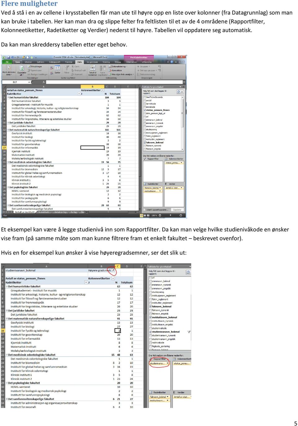 Tabellen vil oppdatere seg automatisk. Da kan man skreddersy tabellen etter eget behov. Et eksempel kan være å legge studienivå inn som Rapportfilter.