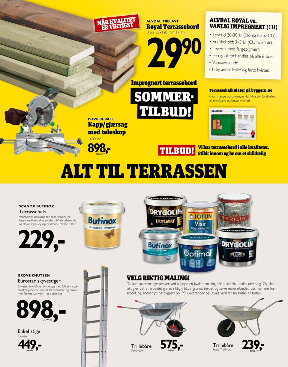 898,- 42762697 Impregnert terrassebord SOMMER- TILBUD! TILBUD! Terrassekalkulator på byggern.no Hvor mange bord trenger du? Hva blir forskjellen på rimeligste og beste kvalitet?