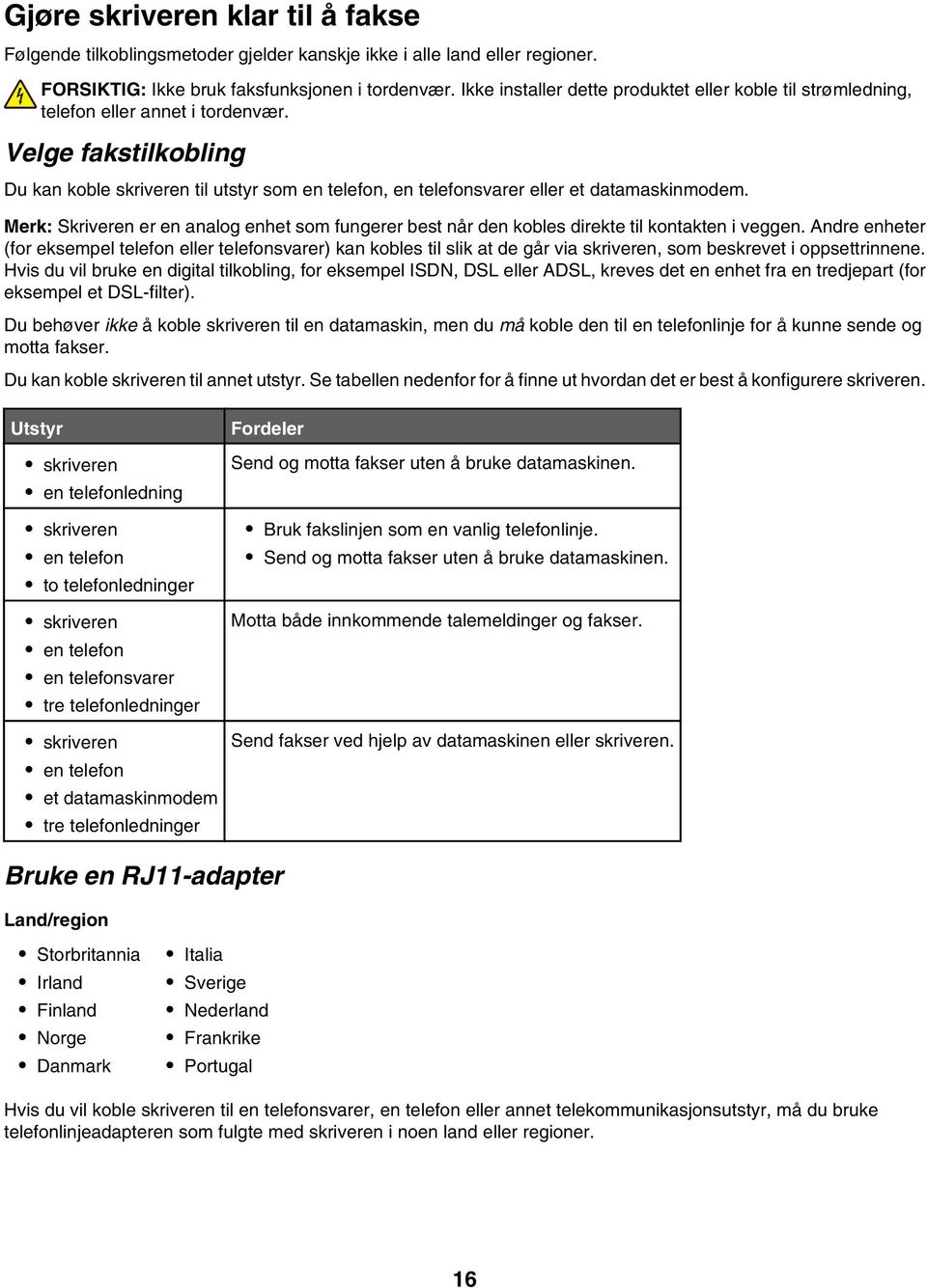 Velge fakstilkobling Du kan koble skriveren til utstyr som en telefon, en telefonsvarer eller et datamaskinmodem.