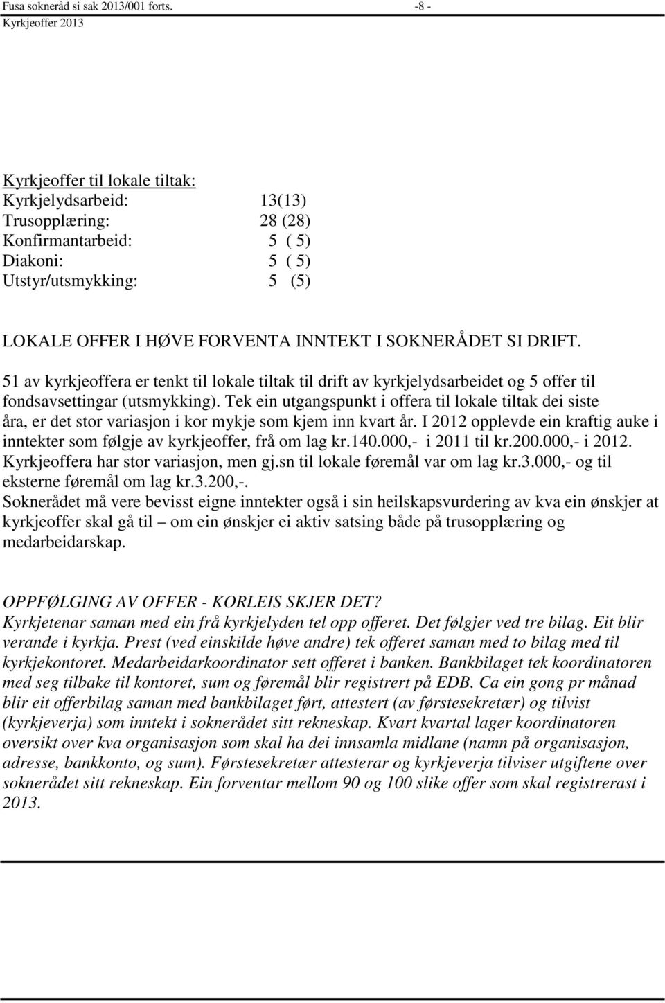 SOKNRÅDT S DRFT. 51 av kyrkjeoffera er tenkt til lokale tiltak til drift av kyrkjelydsarbeidet og 5 offer til fondsavsettingar (utsmykking).