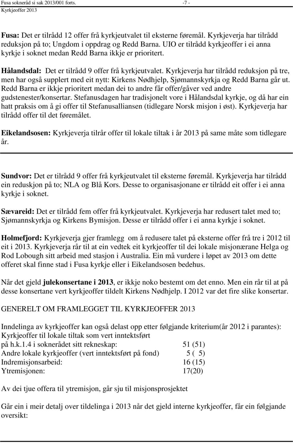 Hålandsdal: Det er tilrådd 9 offer frå kyrkjeutvalet. Kyrkjeverja har tilrådd reduksjon på tre, men har også supplert med eit nytt: Kirkens Nødhjelp, Sjømannskyrkja og Redd Barna går ut.