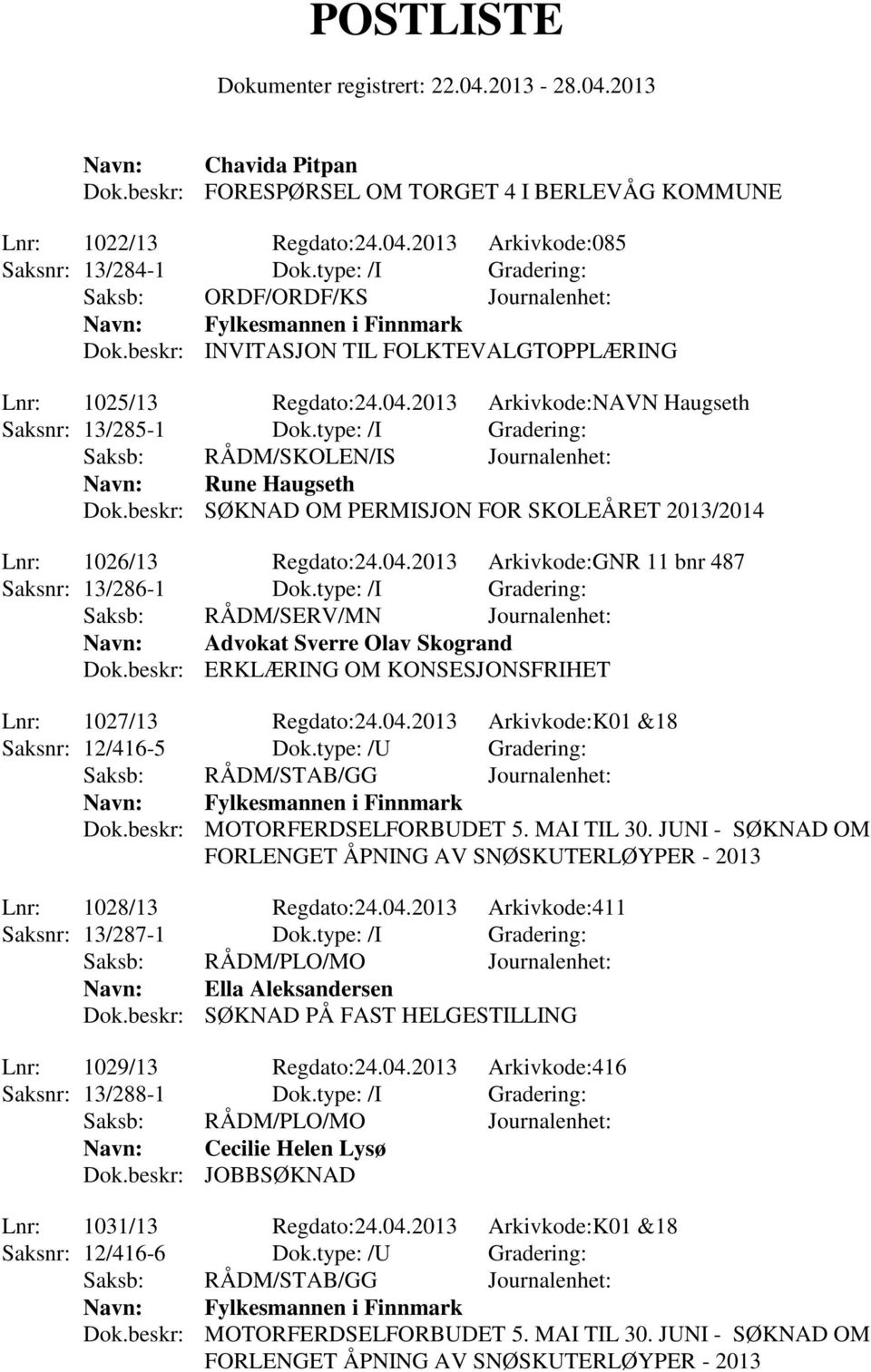 beskr: SØKNAD OM PERMISJON FOR SKOLEÅRET 2013/2014 Lnr: 1026/13 Regdato:24.04.2013 Arkivkode:GNR 11 bnr 487 Saksnr: 13/286-1 Dok.