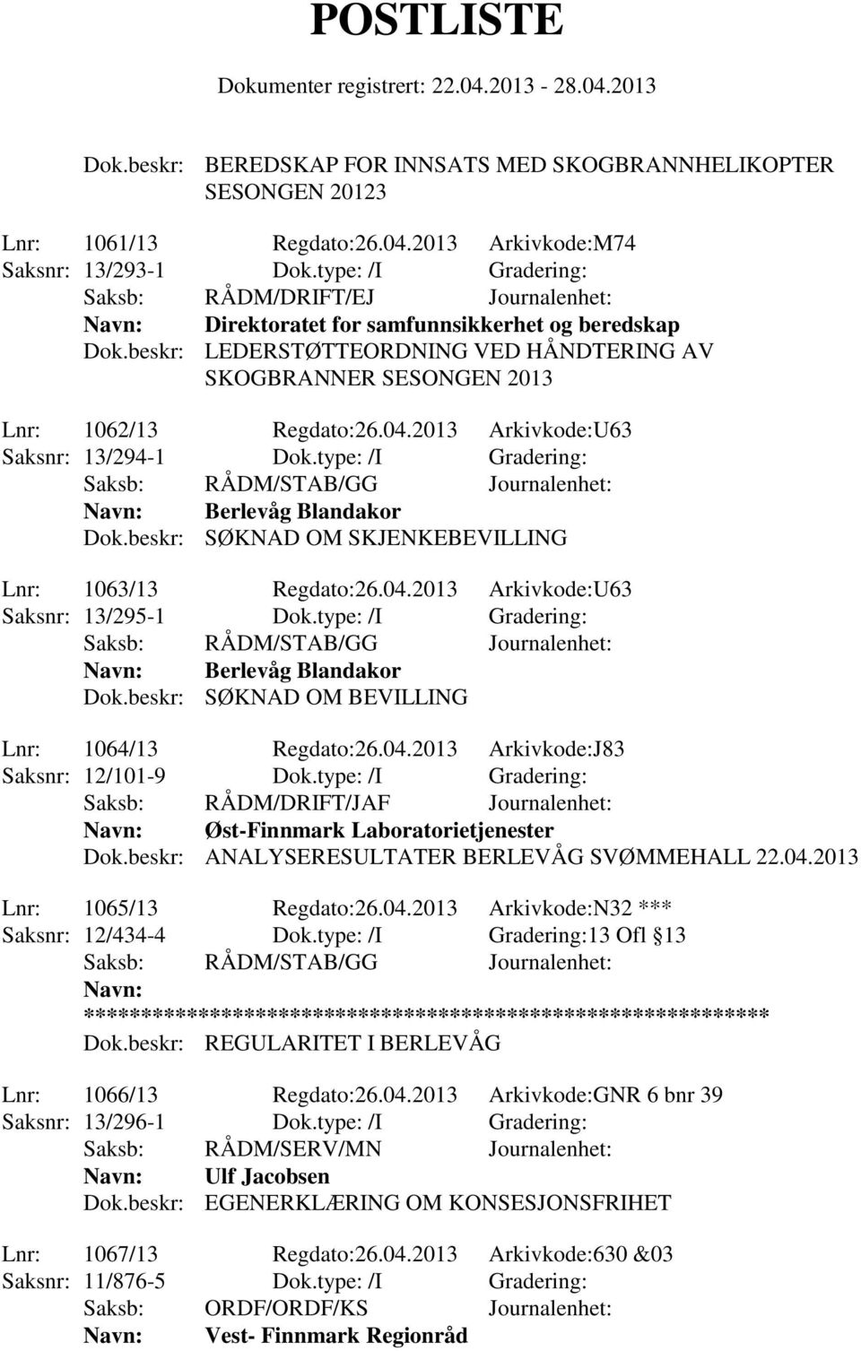 beskr: LEDERSTØTTEORDNING VED HÅNDTERING AV SKOGBRANNER SESONGEN 2013 Lnr: 1062/13 Regdato:26.04.2013 Arkivkode:U63 Saksnr: 13/294-1 Dok.type: /I Gradering: Navn: Berlevåg Blandakor Dok.