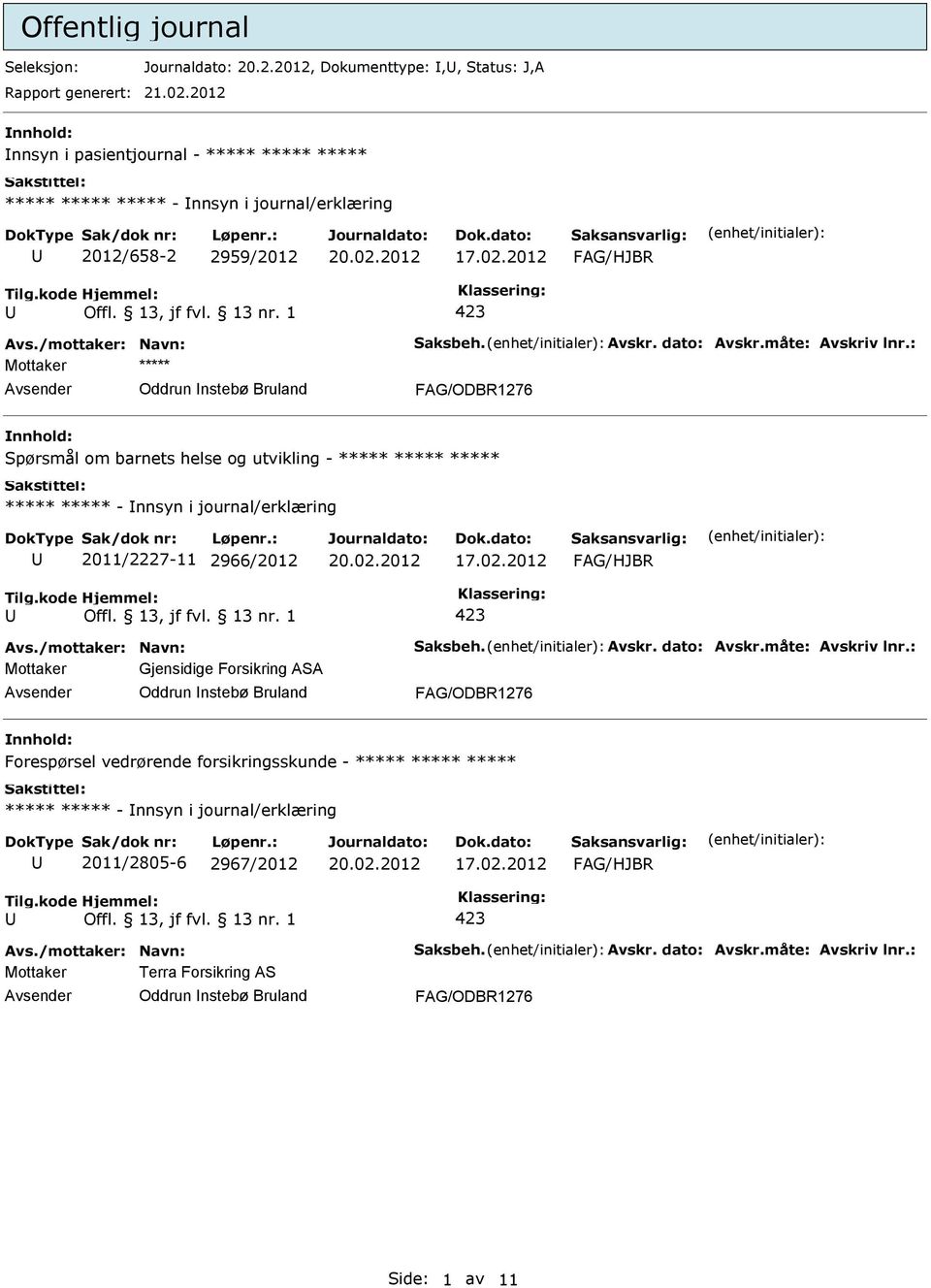 Spørsmål om barnets helse og utvikling - ***** ***** ***** ***** ***** - nnsyn i journal/erklæring 2011/2227-11 2966/2012 Mottaker Gjensidige Forsikring