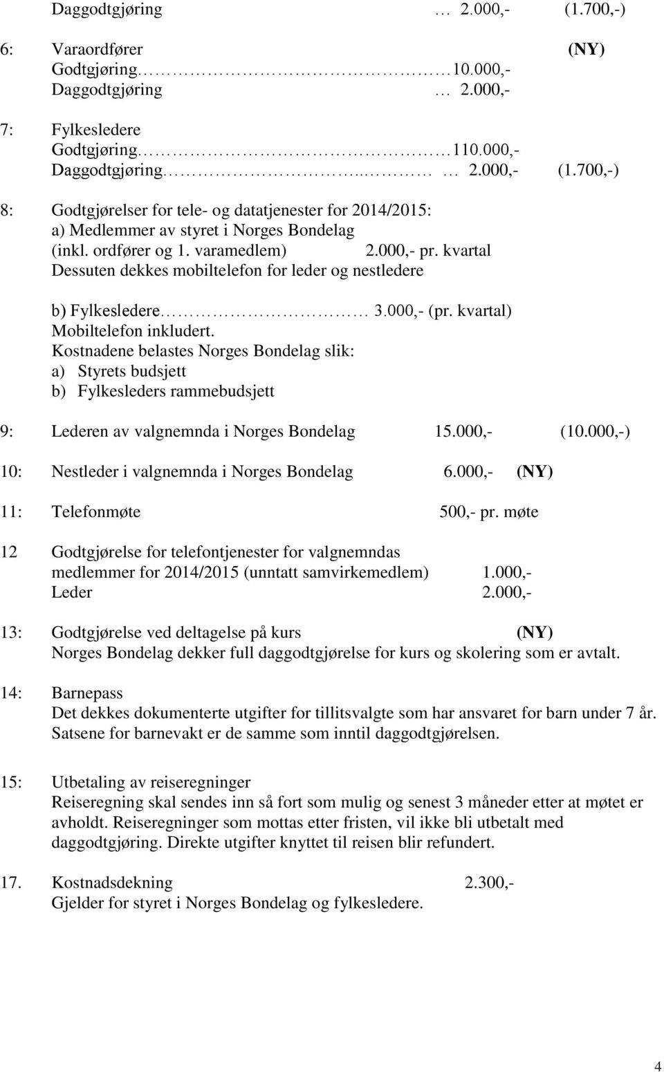 Kostnadene belastes Norges Bondelag slik: a) Styrets budsjett b) Fylkesleders rammebudsjett 9: Lederen av valgnemnda i Norges Bondelag 15.000,- (10.