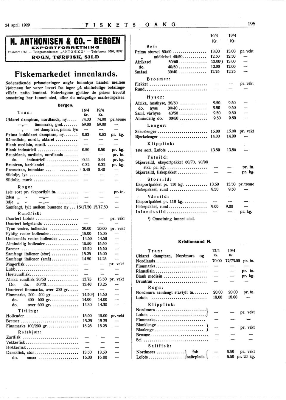 Noteringene gjelder de priser hvortil omsetning har funnet sted, ellei' de antageug,e markedspriser Bergen. Tran: 6/4 9/4 Uklaret damptran, nordlands, ny... 74.00 74.00 -D- finnmarks, gml........ 69.