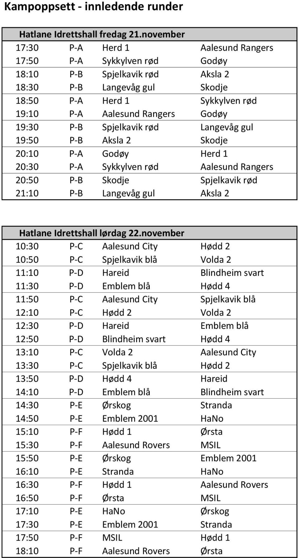 19:30 P-B Spjelkavik rød Langevåg gul 19:50 P-B Aksla 2 Skodje 20:10 P-A Godøy Herd 1 20:30 P-A Sykkylven rød Aalesund Rangers 20:50 P-B Skodje Spjelkavik rød 21:10 P-B Langevåg gul Aksla 2 Hatlane