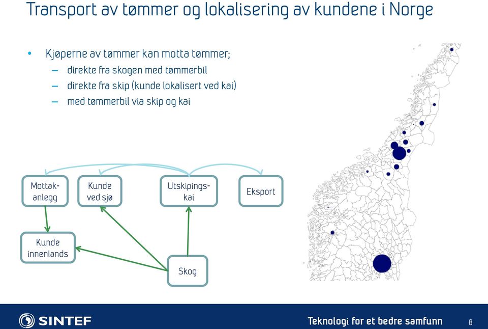 fra skip (kunde lokalisert ved kai) med tømmerbil via skip og kai