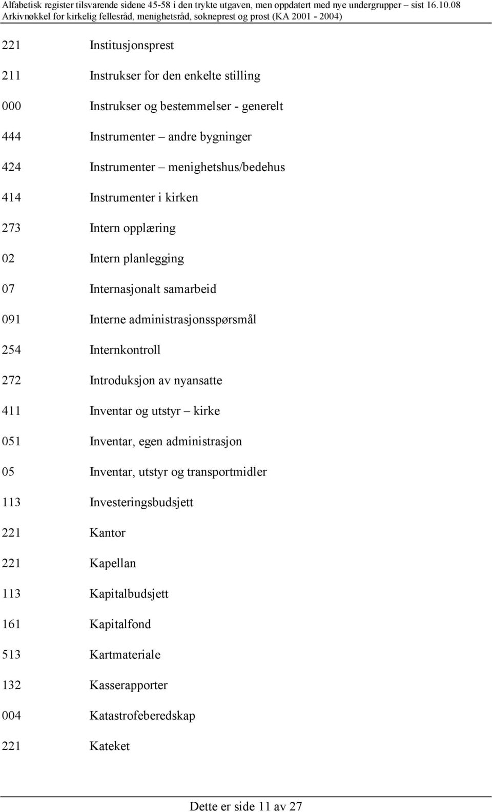 Internkontroll 272 Introduksjon av nyansatte 411 Inventar og utstyr kirke 051 Inventar, egen administrasjon 05 Inventar, utstyr og transportmidler 113