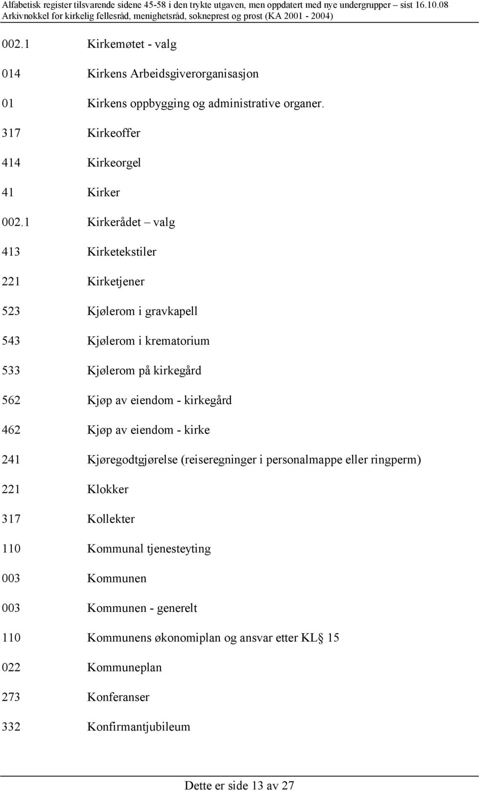 kirkegård 462 Kjøp av eiendom - kirke 241 Kjøregodtgjørelse (reiseregninger i personalmappe eller ringperm) 221 Klokker 317 Kollekter 110 Kommunal