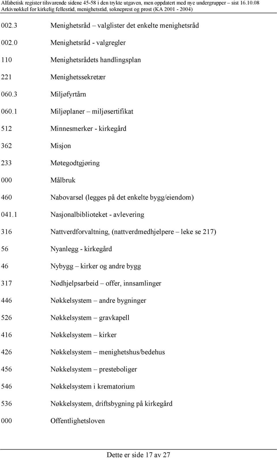 1 Nasjonalbiblioteket - avlevering 316 Nattverdforvaltning, (nattverdmedhjelpere leke se 217) 56 Nyanlegg - kirkegård 46 Nybygg kirker og andre bygg 317 Nødhjelpsarbeid offer, innsamlinger 446