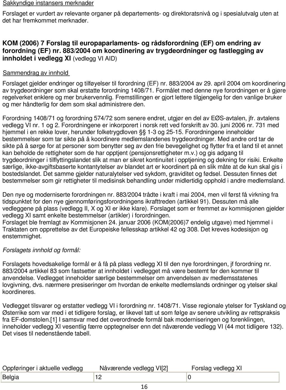 883/2004 om koordinering av trygdeordninger og fastlegging av innholdet i vedlegg XI (vedlegg VI AID) Forslaget gjelder endringer og tilføyelser til forordning (EF) nr. 883/2004 av 29.