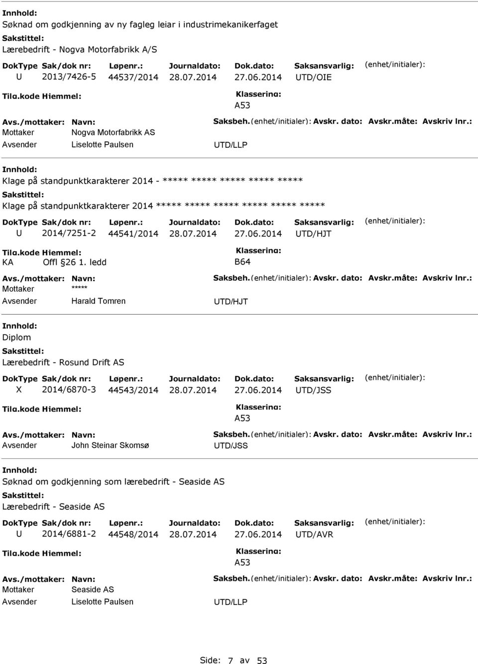 ***** 2014/7251-2 44541/2014 TD/HJT Harald Tomren TD/HJT Diplom Lærebedrift - Rosund Drift AS X 2014/6870-3 44543/2014 TD/JSS John Steinar Skomsø TD/JSS Søknad