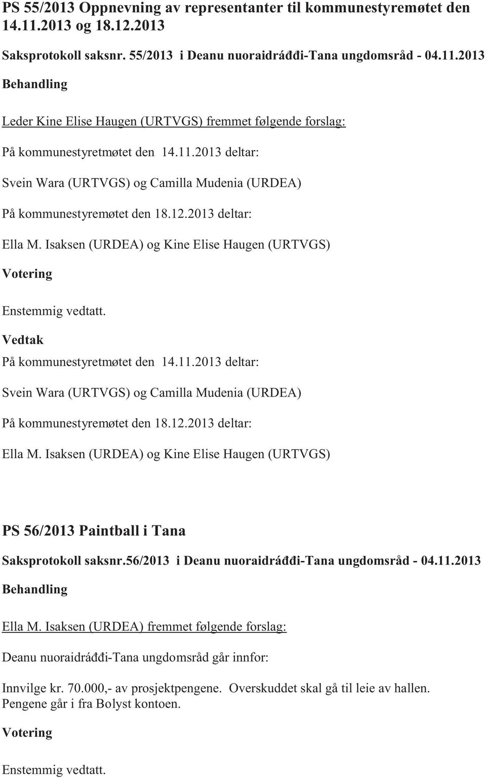På kommunestyretmøtet den 14.11.2013 deltar: Svein Wara (URTVGS) og Camilla Mudenia (URDEA) På kommunestyremøtet den 18.12.2013 deltar: Ella M.