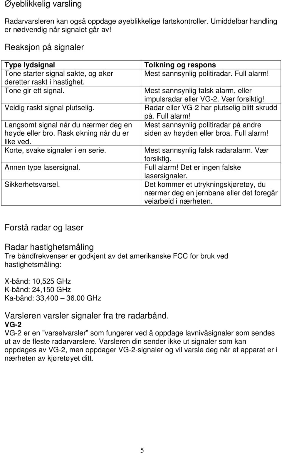 Langsomt signal når du nærmer deg en høyde eller bro. Rask økning når du er like ved. Korte, svake signaler i en serie. Annen type lasersignal. Sikkerhetsvarsel.