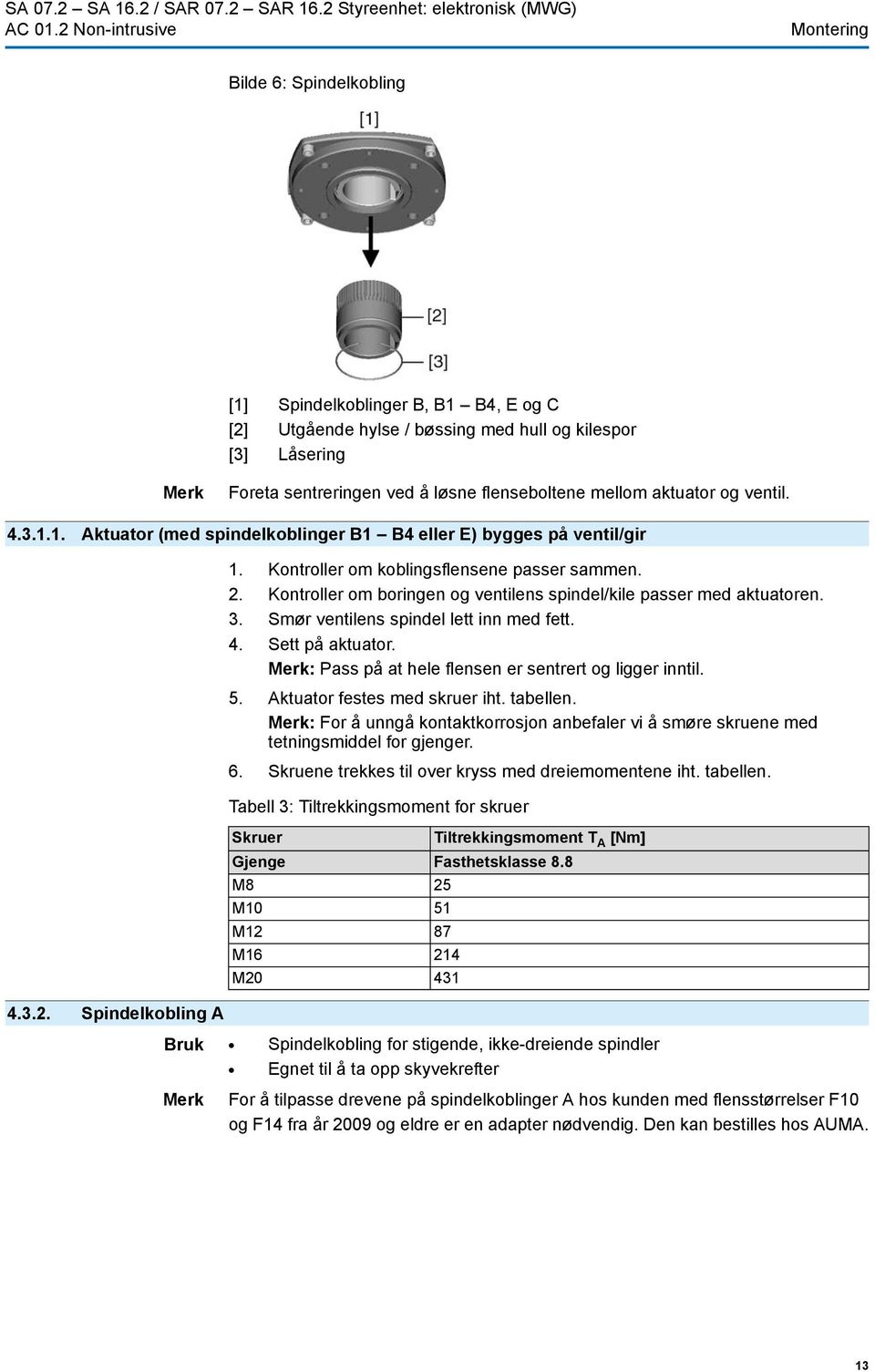 løsne flenseboltene mellom aktuator og ventil. 4.3.1.1. Aktuator (med spindelkoblinger B1 B4 eller E) bygges på ventil/gir 1. Kontroller om koblingsflensene passer sammen. 2.