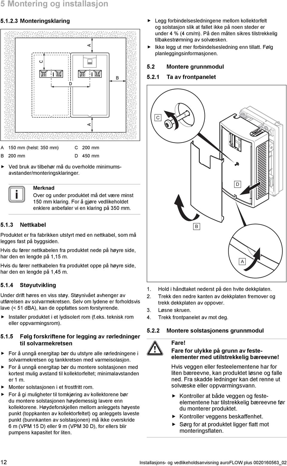 Montere grunnmodul D B 5.2. Ta av frontpanelet C A A 50 mm (helst: 350 mm) C 200 mm B 200 mm D 450 mm Ved bruk av tilbehør må du overholde minimums avstander/monteringsklaringer.