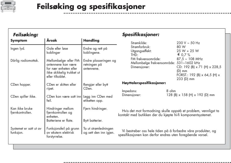 Handlng Endre og rett på koblngene. Endre plasserngen og retnngen på antennene. Rengjør eller bytt CDen. Legg nn CDen med etketten opp.