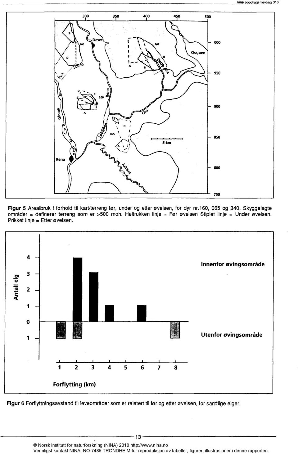 Skyggelagte områder = definerer terreng som er >500 moh. Heltrukken linje = Før øvelsen Stiplet linje = Under øvelsen.