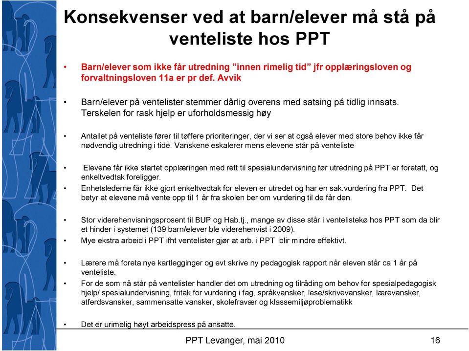 Terskelen for rask hjelp er uforholdsmessig høy Antallet på venteliste fører til tøffere prioriteringer, der vi ser at også elever med store behov ikke får nødvendig utredning i tide.