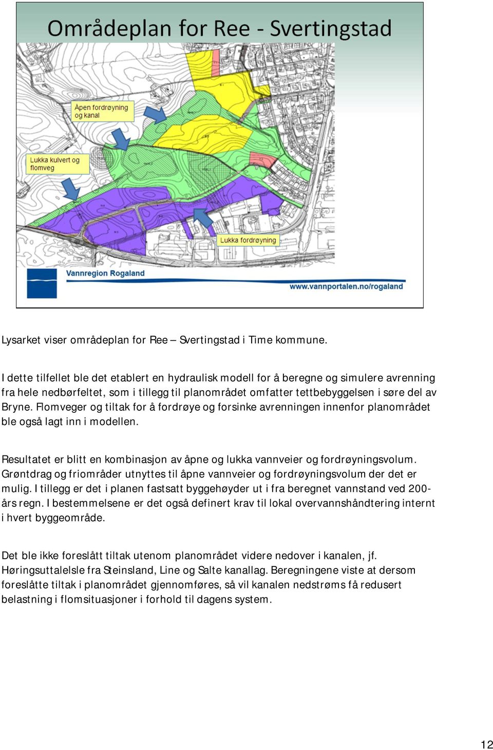 Flomveger og tiltak for å fordrøye og forsinke avrenningen innenfor planområdet ble også lagt inn i modellen. Resultatet er blitt en kombinasjon av åpne og lukka vannveier og fordrøyningsvolum.