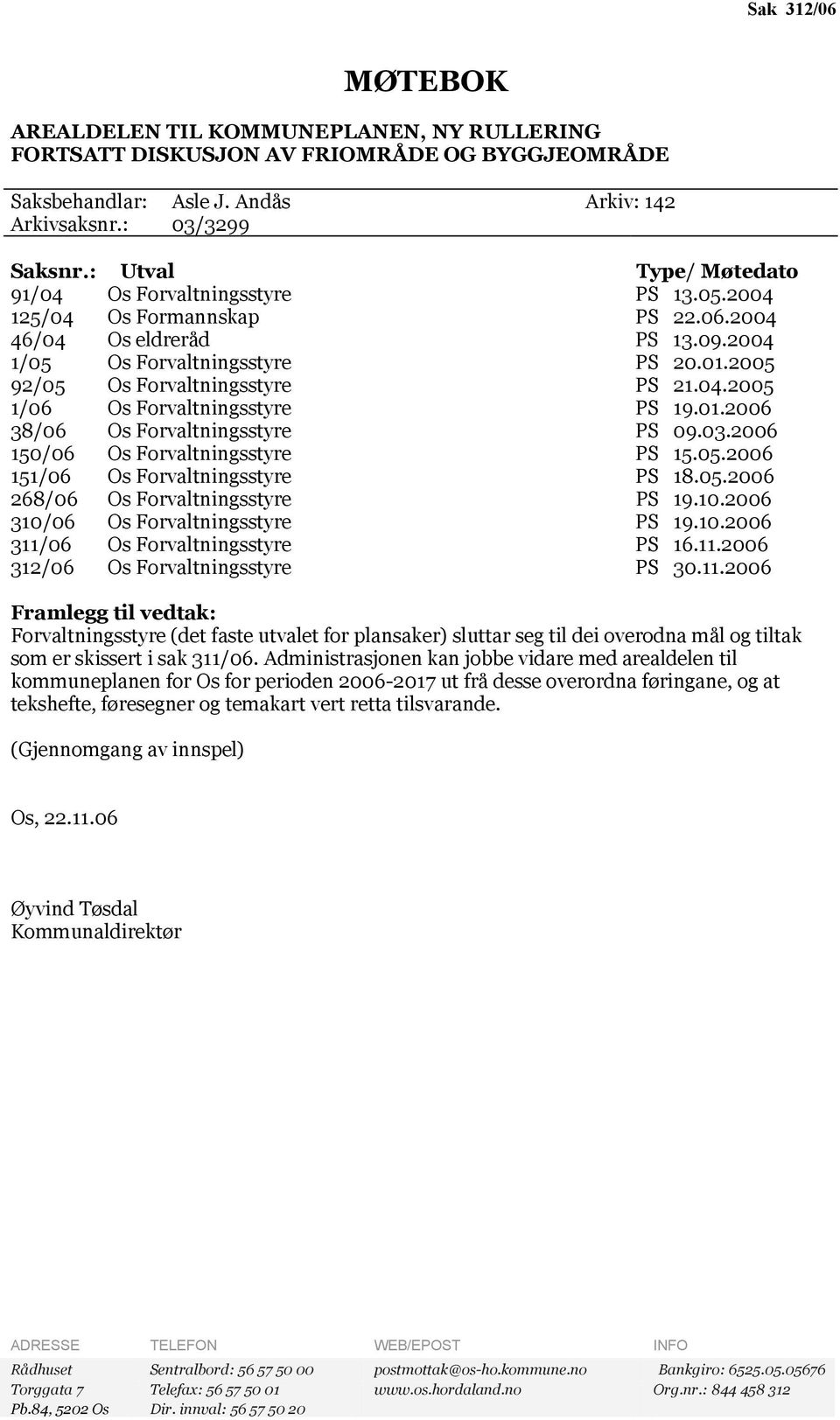2005 92/05 Os Forvaltningsstyre PS 21.04.2005 1/06 Os Forvaltningsstyre PS 19.01.2006 38/06 Os Forvaltningsstyre PS 09.03.2006 150/06 Os Forvaltningsstyre PS 15.05.2006 151/06 Os Forvaltningsstyre PS 18.