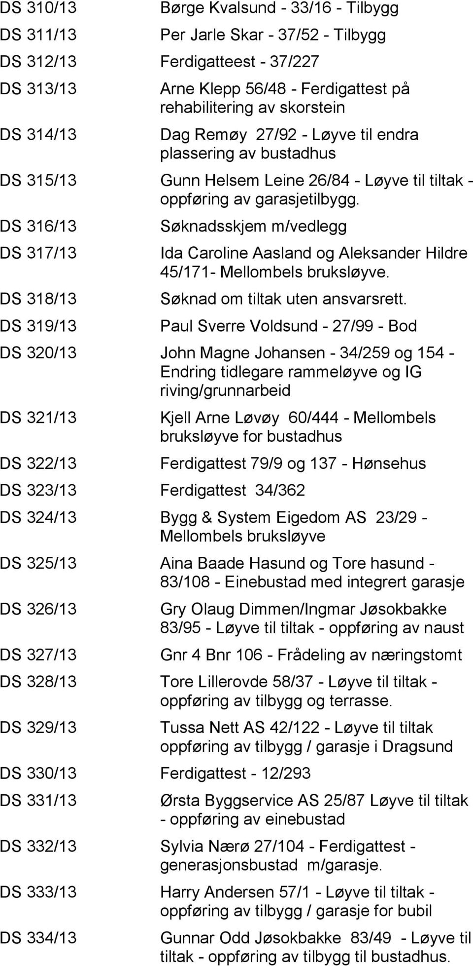 DS 316/13 DS 317/13 DS 318/13 DS 319/13 Søknadsskjem m/vedlegg Ida Caroline Aasland og Aleksander Hildre 45/171- Mellombels bruksløyve. Søknad om tiltak uten ansvarsrett.