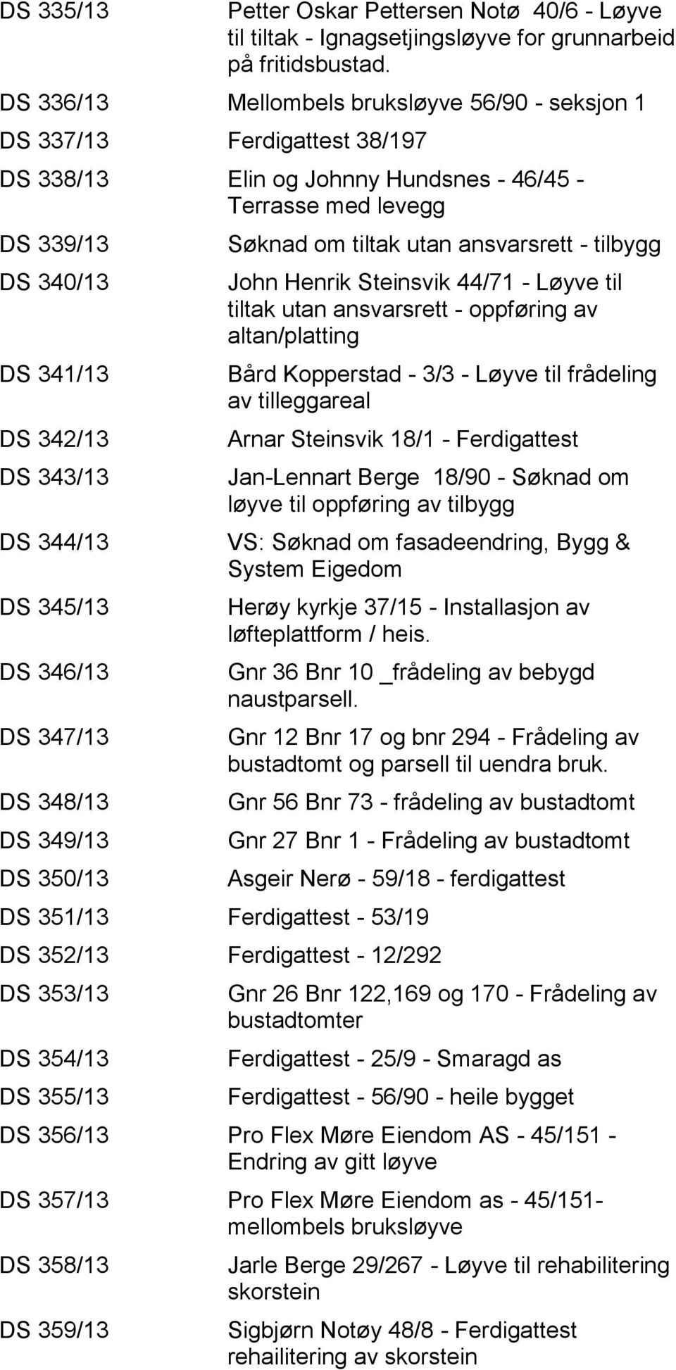 344/13 DS 345/13 DS 346/13 DS 347/13 DS 348/13 DS 349/13 DS 350/13 Søknad om tiltak utan ansvarsrett - tilbygg John Henrik Steinsvik 44/71 - Løyve til tiltak utan ansvarsrett - oppføring av